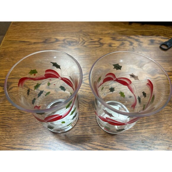Holiday Ribbons 6" Glass Hurricane Candle Holders Set Of 2 Hand Painted Blown - Picture 3 of 5